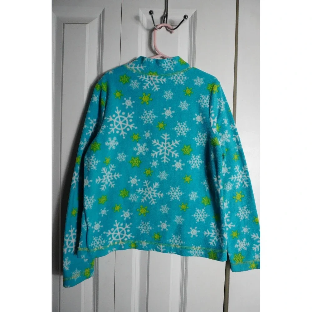 Faded Glory Fleece Top Size 8 Winter Snowflake Turquoise Blue Snap Neck